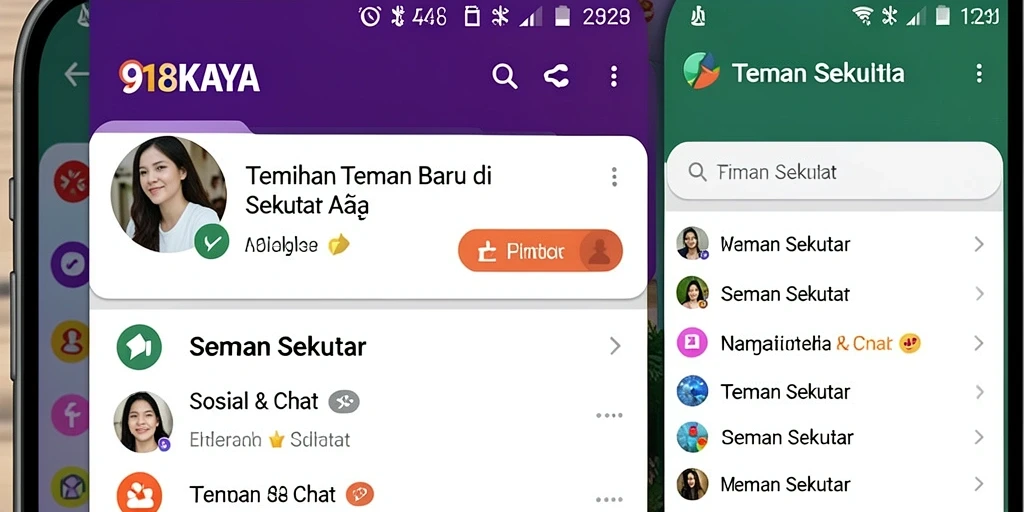 Antarmuka aplikasi 918KAYA menampilkan fitur Teman Sekitar yang menarik.