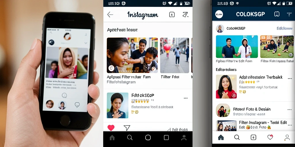 Tampilan antarmuka aplikasi COLOKSGP dengan berbagai filter Instagram.