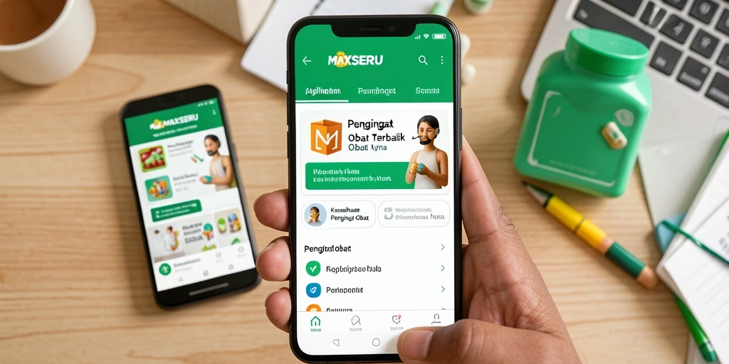 Tampilan antarmuka pengguna aplikasi Pengingat Obat MAXSERU yang intuitif.